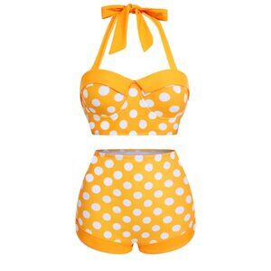 RETRO STAGE Yellow polka dot halter bikini set | Retro swim | Small